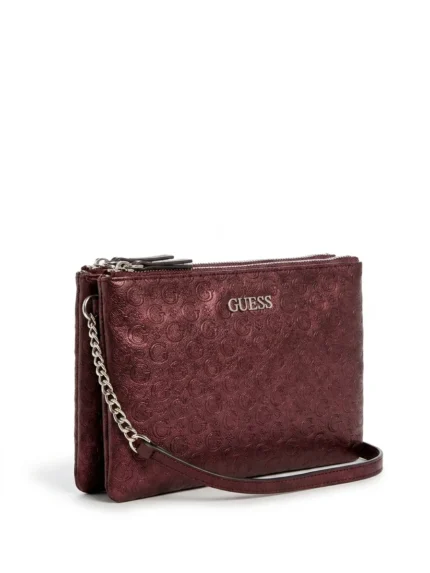 Cartera Guess crossbody vino metalizado con monograma G en relieve
