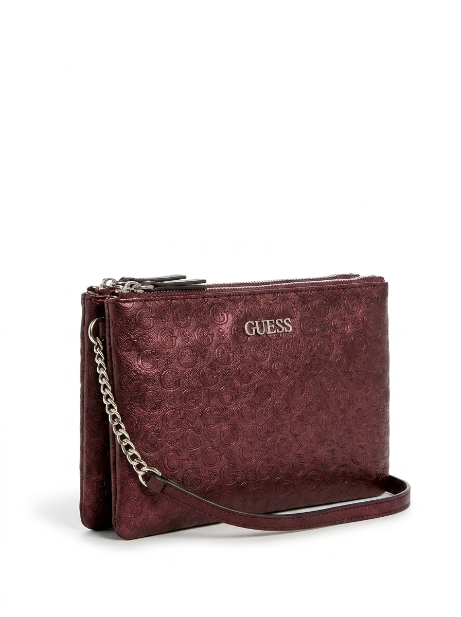 Cartera Guess Vino - vista 3/4 Cartera Guess crossbody vino metalizado con monograma G en relieve