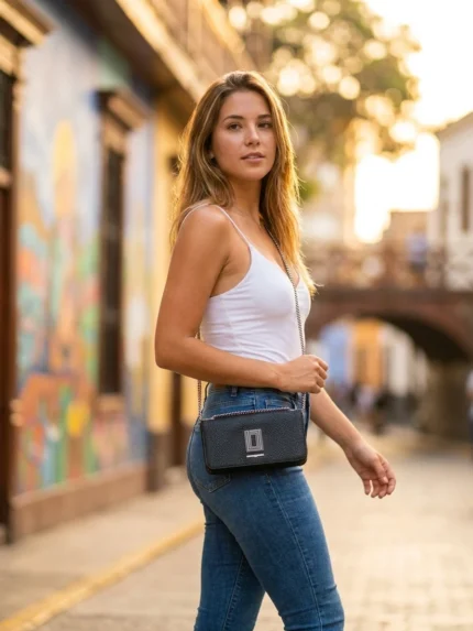 Modelo caminando con cartera Karl Lagerfeld negra cruzada en Barranco