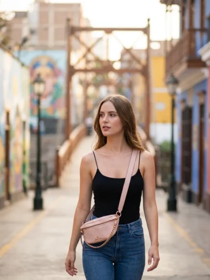 Modelo caminando con cangurera Michael Kors rosa cruzada en Barranco