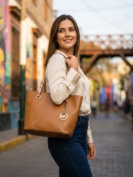 Modelo con tote Michael Kors camel al hombro en Barranco