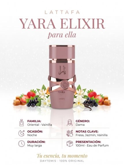 Ficha de notas de Yara Elixir: oriental vainilla, fresa, jazmin