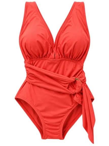 Traje de baño coral escote en V con fajín