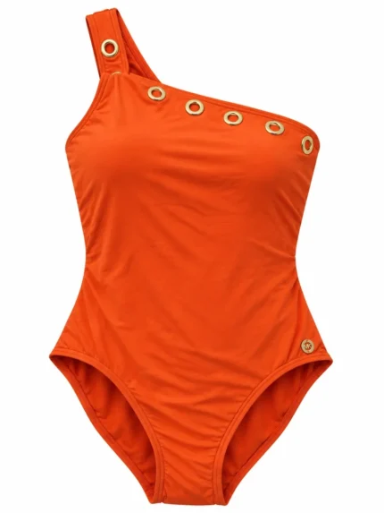 Traje de baño naranja de un hombro con ojales dorados