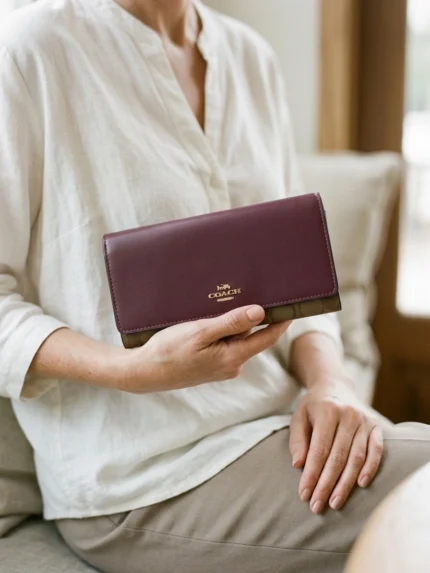 Coach vino con solapa y logo pequeño dorado — en la mano