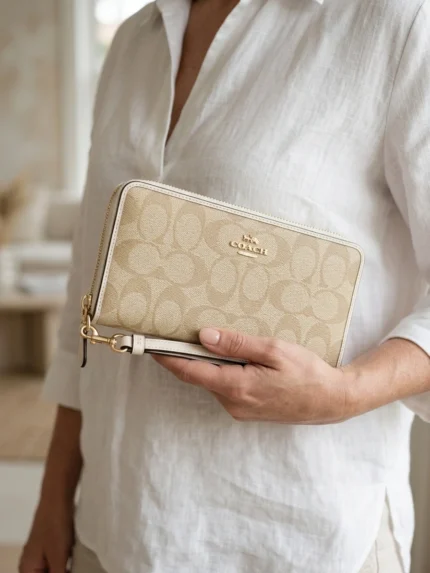 Coach monograma beige claro y borde blanco, billetera alargada con cierre — en la mano