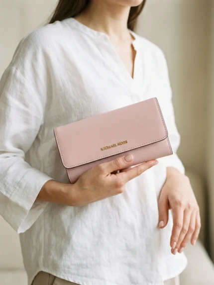 Michael Kors rosa pálido con solapa y logo pequeño dorado — en la mano
