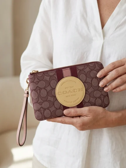 Coach monograma vino con rayas rosas verticales y medallón redondo beige grande — en la mano