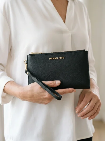 Michael Kors sobre negro plano con cierre superior y asa — en la mano