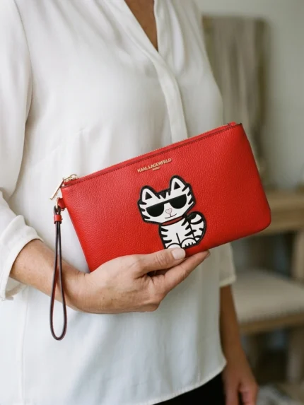 Karl Lagerfeld rojo con gato ilustrado blanco y negro — en la mano