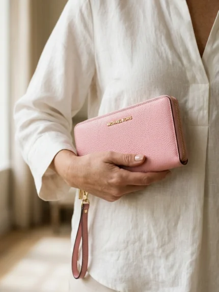 Michael Kors rosa granulada con cierre perimetral y asa — en la mano