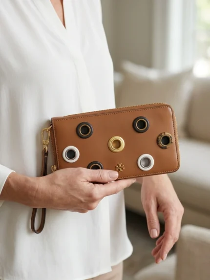 Tory Burch camel con aros metálicos multicolores en frontal — en la mano