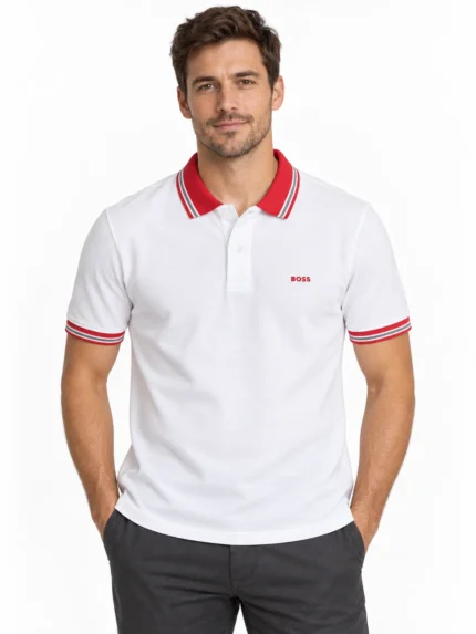 Camisero Boss blanco con cuello rojo — frontal