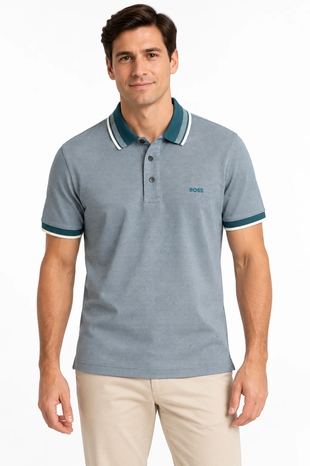 daytemis-boss-jaspeado-petroleo-20261016-frontal.webp Camisero BOSS jaspeado con cuello petróleo — frontal