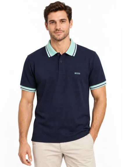 Camisero BOSS marino con cuello menta — frontal
