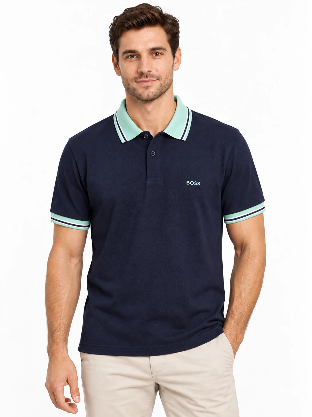 daytemis-boss-marino-menta-20261016-frontal.webp Camisero BOSS marino con cuello menta — frontal