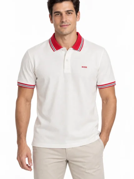 Camisero BOSS perla con cuello rojo — frontal