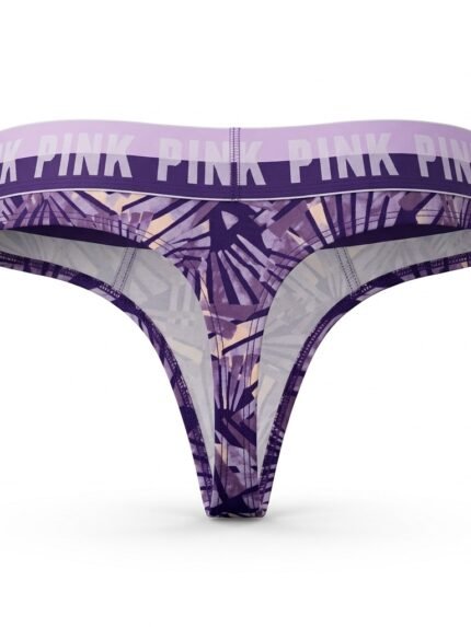 Calzón PINK tanga estampada con cintura lila — S — fantasma frente