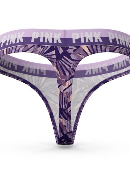 Calzón PINK tanga estampada con cintura lila — S — fantasma espalda