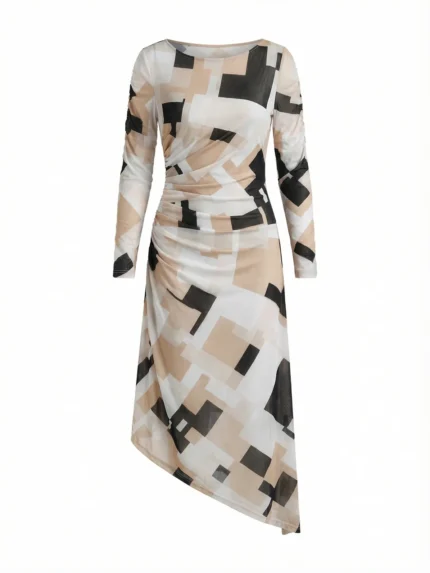 Vestido Asimétrico Geométrico Beige — foto 2