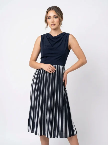 Vestido Plisado Rayas Azul Marino — foto 1