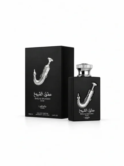 Lattafa Pride Ishq Al Shuyukh Silver Eau de Parfum 100 ml, frasco y caja