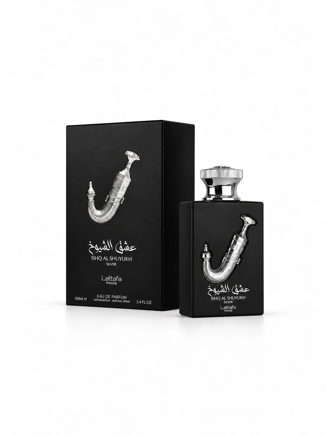 lattafa-ishq-al-shuyukh-silver-100ml-principal Lattafa Pride Ishq Al Shuyukh Silver Eau de Parfum 100 ml, frasco y caja